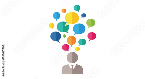 Person with colorful thought bubbles representing communication and ideas.