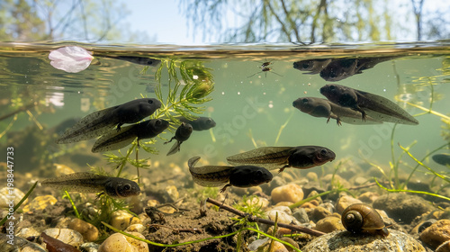 Tadpoles swimming in clear water with aquatic plants and rocks  