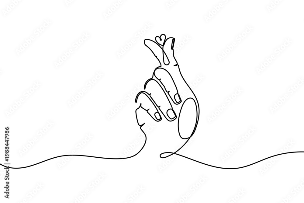 Obraz premium Continuous one line heart love hand korean finger icon care. Korean heart sign one line self valentine vector doodle symbol outline drawn art day drawing illustration print trend logo k gesture happy.