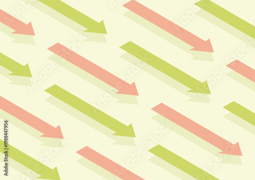 ピンクと黄緑の右肩下がりの長い矢印が規則正しく並んでいるアイソメトリックなデザイン
