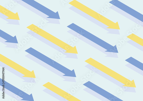 青と黄色の右肩下がりの長い矢印が規則正しく並んでいるアイソメトリックなデザイン