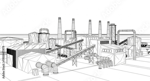 Industrial Power Plant Complex With Smokestacks And Structures.
