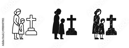 Widow and Child at Grave Icon Set - Outline, Solid, and Hand-Drawn Symbols for Family Loss and Bereavement