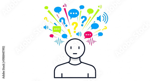 Person with many thoughts and questions swirling above head.