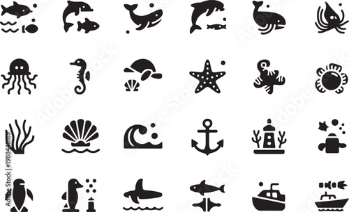 Collection of twenty four black marine and sea life icons