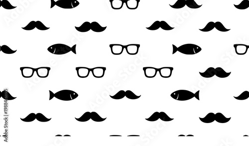 Black and white seamless pattern with hipster mustache glasses and fish silhouettes vector design