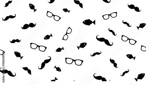 Trendy abstract seamless pattern with hipster mustache glasses and fish silhouettes vector art