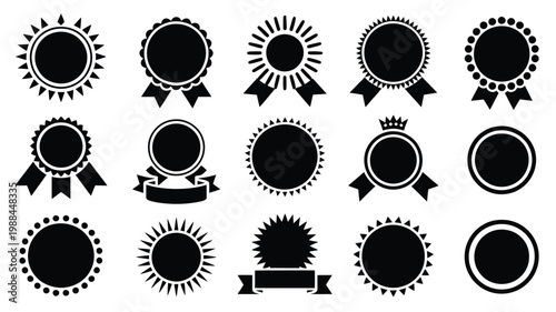 Collection of black and white circular badges awards and emblems with ribbons and starburst designs for achievements