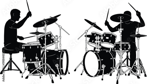 Drummer silhouettes with drum kit, energetic percussion performance vector illustration, live music band concept for concert, rhythm, and creative design projects