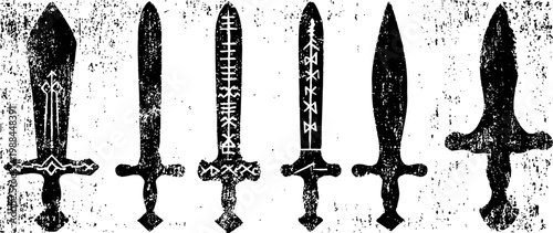 Ancient various medieval daggers and short swords silhouettes with different blade shapes and handle designs
