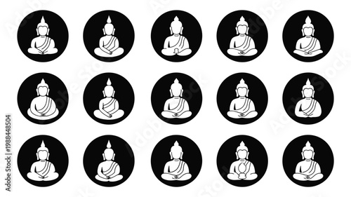 Multiple buddha silhouettes in meditative poses arranged in a grid on black circular backgrounds minimalist design for spiritual themes