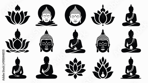 Minimalist black buddha and lotus icons collection for meditation spirituality and mindfulness concepts elegant design bundle