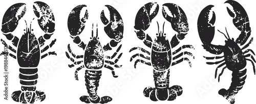 Black lobster silhouette set with varied claw poses vector crustacean seafood illustrations for design and decoration