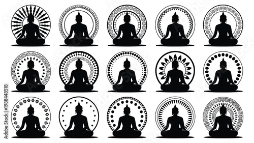 Meditation silhouettes of buddha in mandala inspired circles for spiritual symbolism and calm