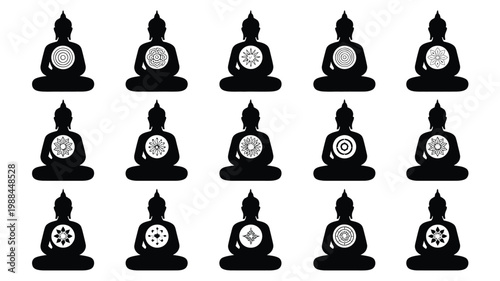 15 meditating buddha figures in clean vector design with minimalist symbols on chests