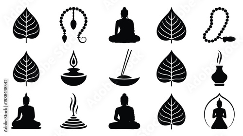 Silhouettes of buddha leaves incense beads and meditative symbols for spirituality and peace concept
