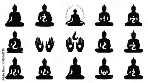 Silhouettes of buddha in meditation poses with mudras and symbols minimalist icon set for spirituality and mindfulness