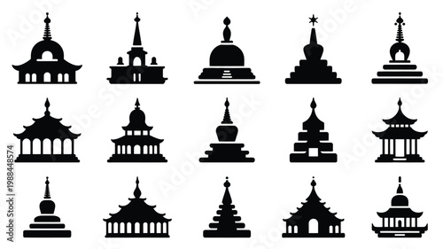 Silhouette icons of diverse buddhist temples and stupas in minimalist black and white design isolated on white background