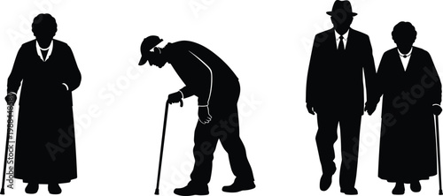 Elderly people silhouettes set, senior men and women with walking sticks vector illustration for aging, support, healthcare, and lifestyle design projects