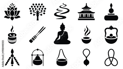 Black and white vector icons depicting meditation spirituality and relaxation symbols including lotus tree incense buddha and more