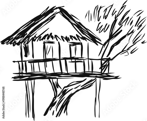 Treehouse sketch with wooden platform and slanted roof simple hand drawn illustration of elevated playhouse