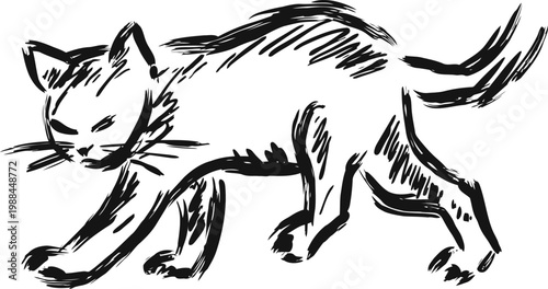 Sketch of a stretching cat black ink drawing of a feline in motion artistic animal illustration with expressive lines and dynamic posture