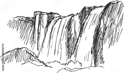 Landscape sketch of cascading waterfall with rocks and flowing water in black ink drawing