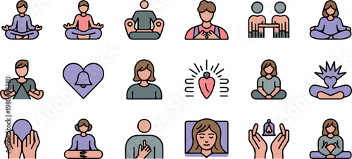 Collection of twenty four flat vector icons representing meditation and wellness