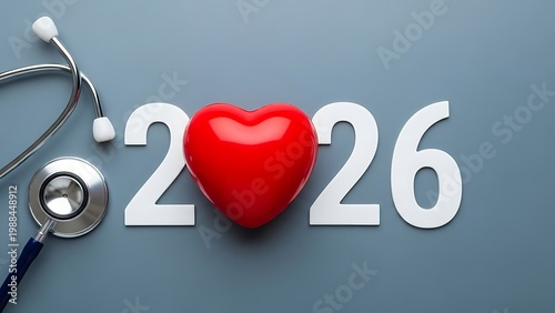 Medical 2026 New Year concept with red heart and stethoscope, healthcare goals and cardiology wellness for 2026, medical insurance and checkup planning