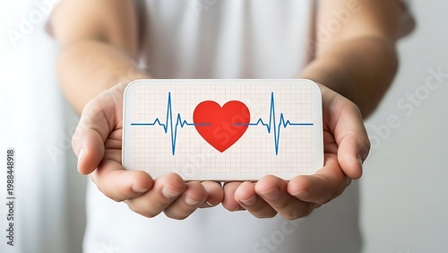 Heart health concept with red heart and pulse line on card, hands holding heartbeat symbol for medical insurance, cardiology and wellness support