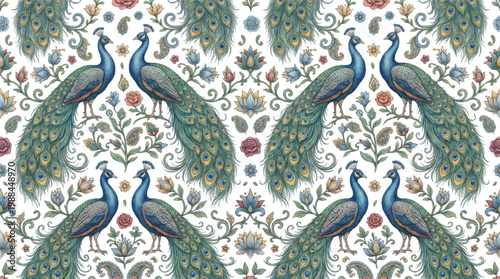 Exquisite Seamless Pattern of Majestic Peacocks Amidst Floral Motifs