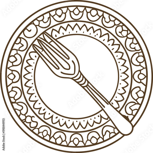Decorative plate with fork illustration ornate vintage dishware design elegant cutlery and table setting art