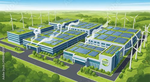 Modern sustainable factory with solar panels and wind turbines.