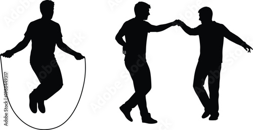 Jump rope and dance silhouettes set, active male figures vector collection showing fitness, movement, and lifestyle poses for sport and creative design