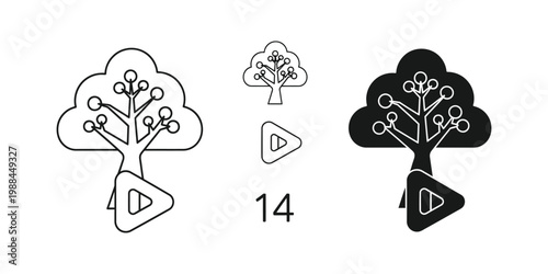 Visual representation of tree growth stages with play buttons and numeric label
