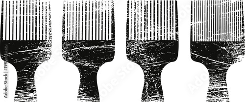 set of four vintage hair combs silhouette with worn texture isolated on white background