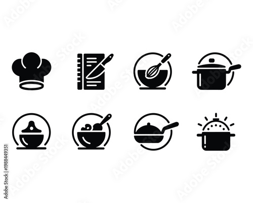 Collection of cooking and kitchen icons representing chef hat recipe book whisking pots pans and prepared food