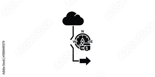 Data flow from cloud to a compass indicating direction and financial tracking