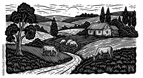 Rural scenery woodcut vector illustration in cordel literature style countryside landscape isolated on white background
