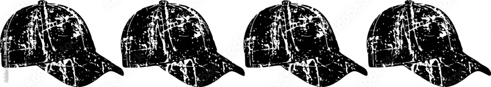 Obraz premium multiple black vintage leather baseball caps arranged in a row isolated on white