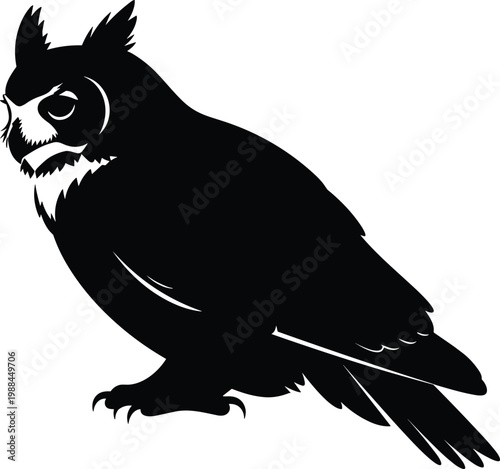 Minimalist black owl silhouette illustration with pointed ear tufts, perched design, stylized feathers, nocturnal bird symbol for wisdom and vision