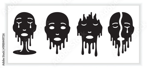 Black Silhouette Crying Faces with Liquid Effect Vector Pack Design