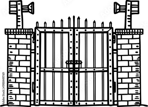 Iron gate with brick pillars and spikes, medieval entrance fence with padlock and security cameras