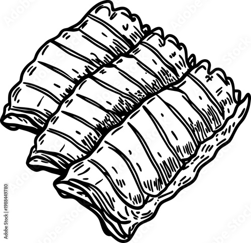 Three barbecue pork ribs stacked in sketch isolated on white background