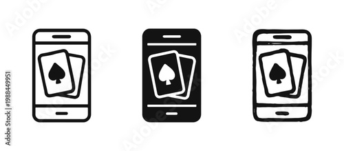 Mobile Casino Smartphone Playing Cards Icon Set - Outline, Glyph, and Hand Drawn Styles