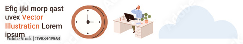 Time management, productivity, remote work, office lifestyle, digital technology, efficiency. A person at a desk with a clock and cloud symbol. Time management and productivity concept