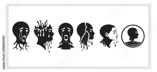 Melting Face Silhouette Vector Set of Emotional Pain Crying Expressions Design