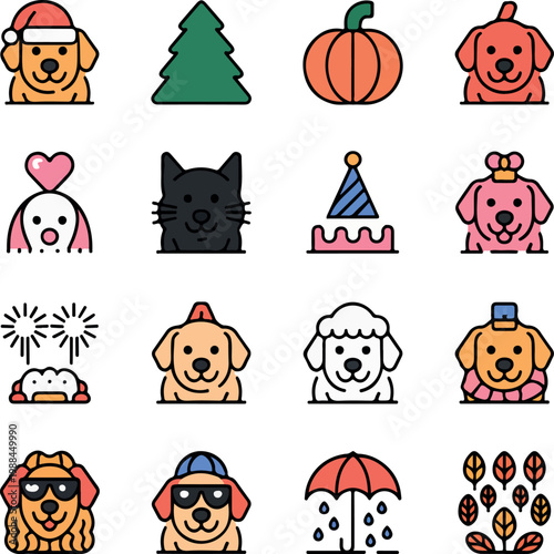 Dog cat christmas tree pumpkin and autumn leaves icons