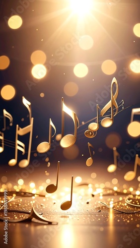 Golden music notes float against a bokeh background. Shimmering particles and light rays emanate from above, creating a festive atmosphere