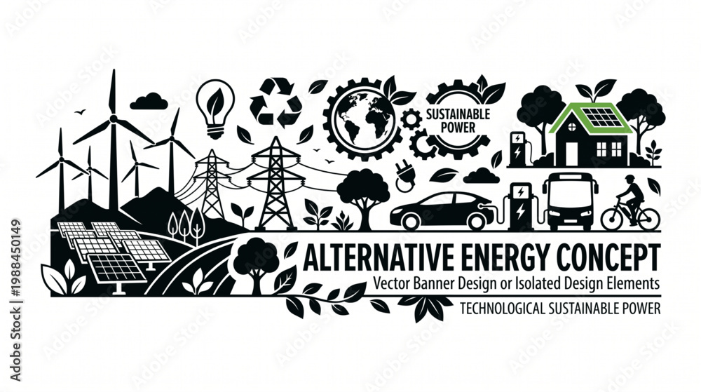 Fototapeta premium Alternative energy concept vector banner with renewable power sources and sustainable technology icons.